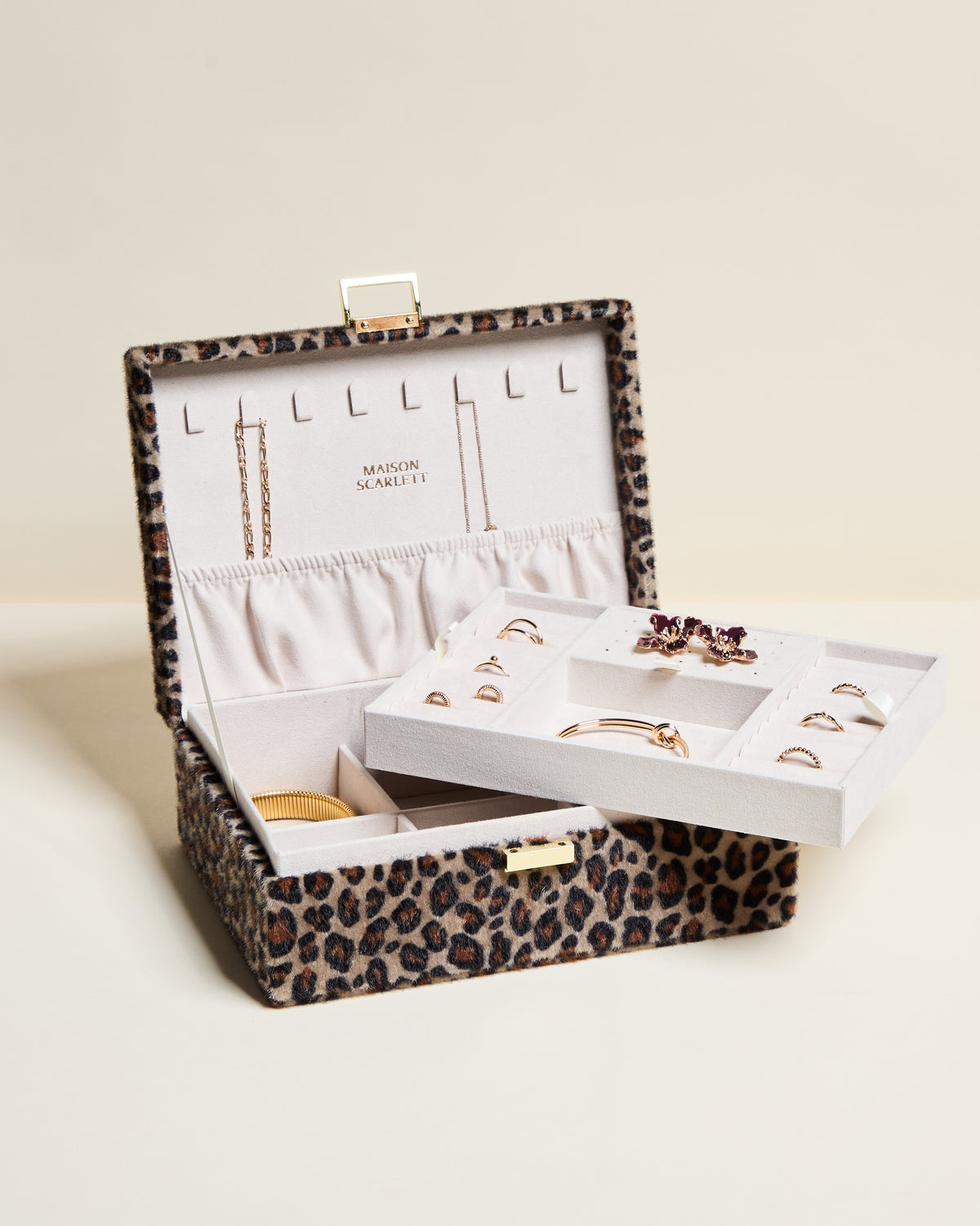 Joyero Louise de terciopelo con estampado de leopardo